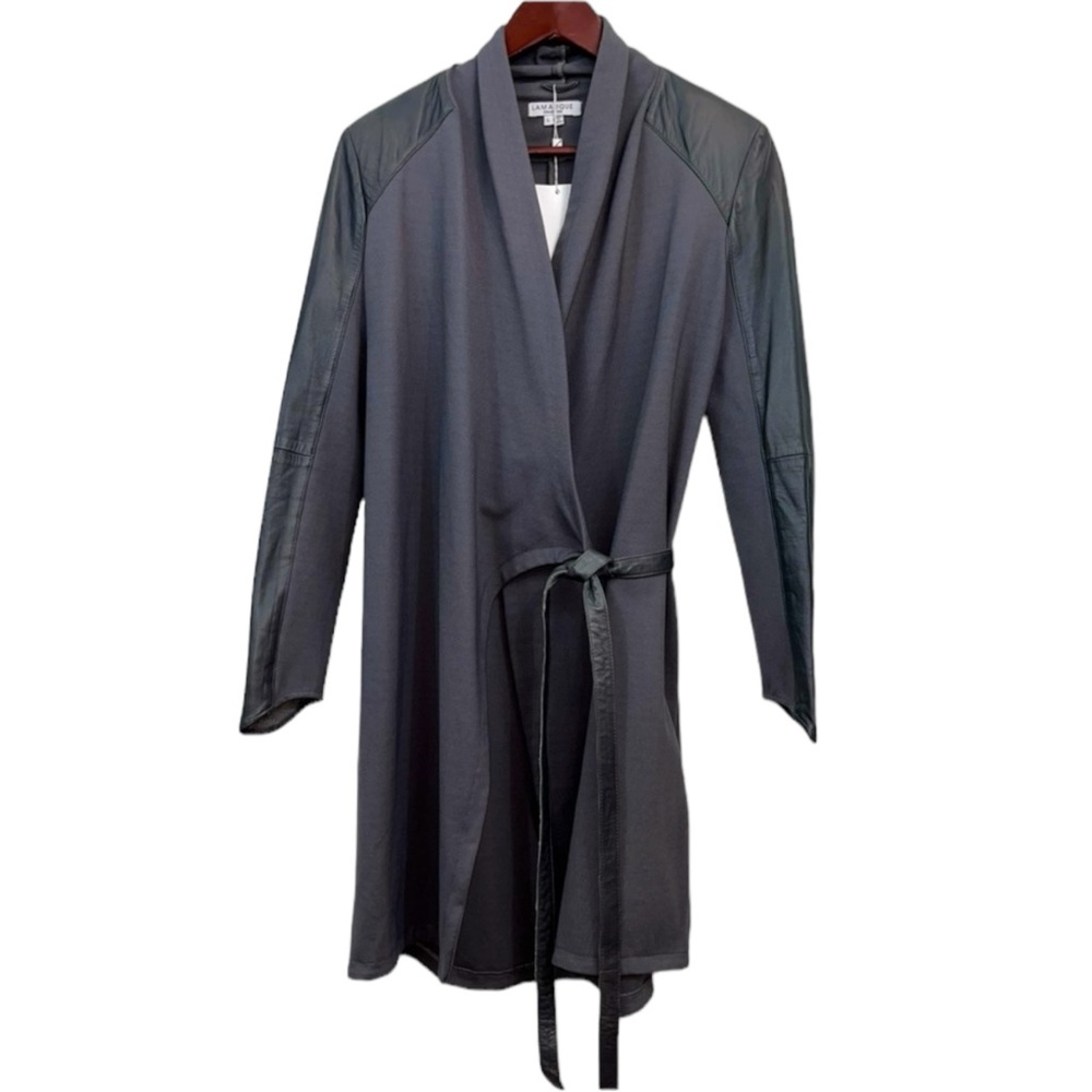 NWT Lamarque Women’s VTG Gray Wrap Coat Leather Sleeves Cardigan MSRP $415 Sz L